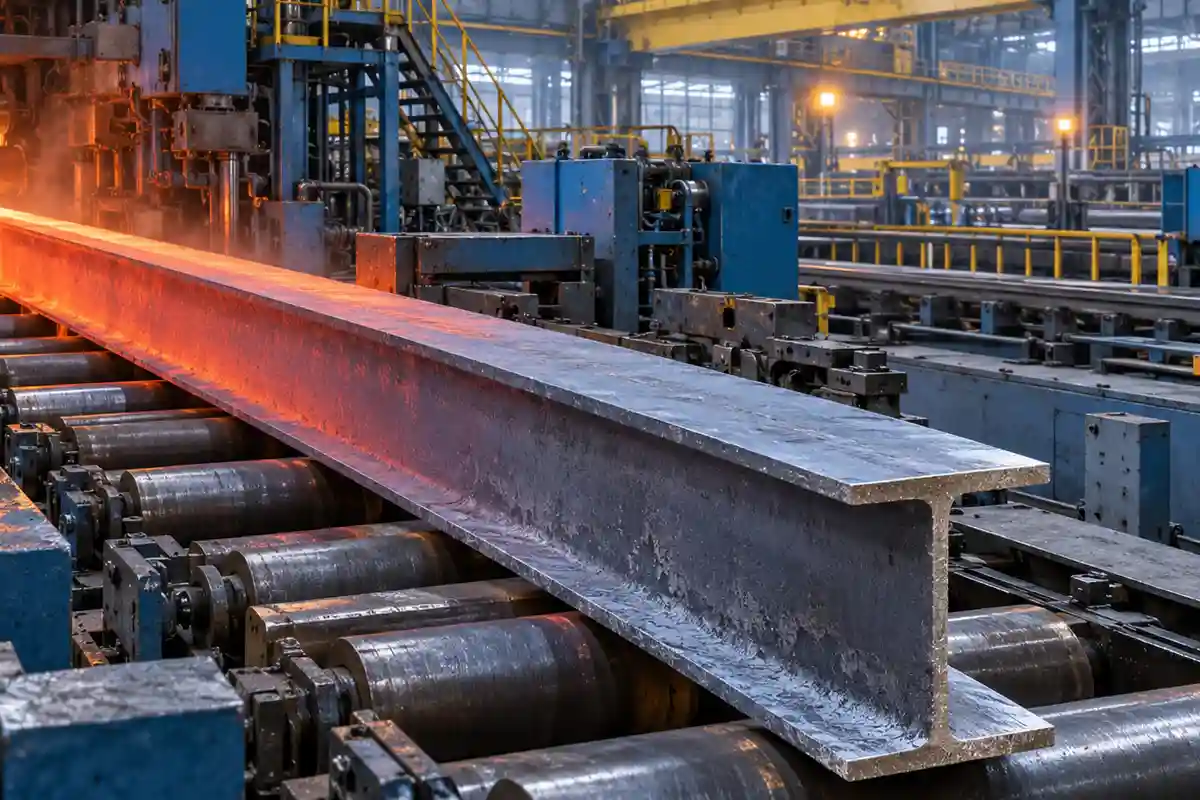 Hot steel beam rolling in a Jindal structural steel plant