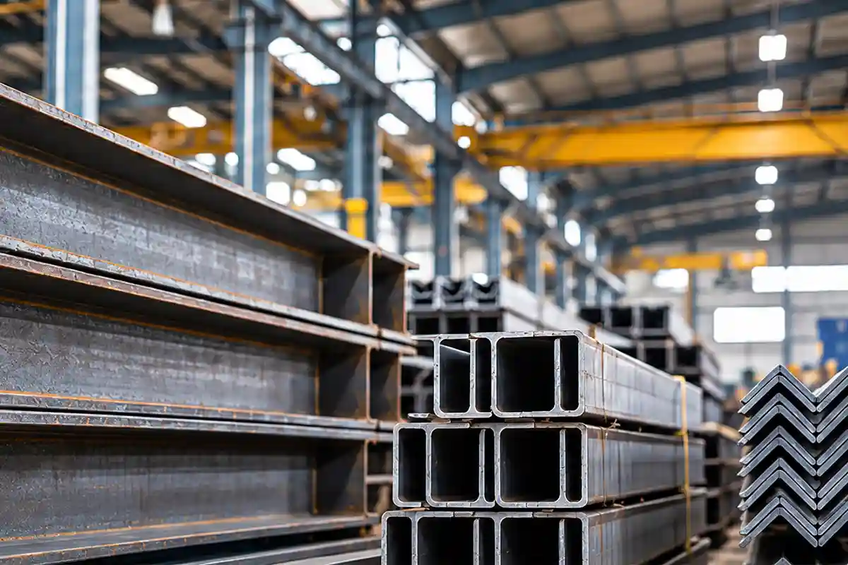 Stacked structural steel beams, channels and angles in a warehouse